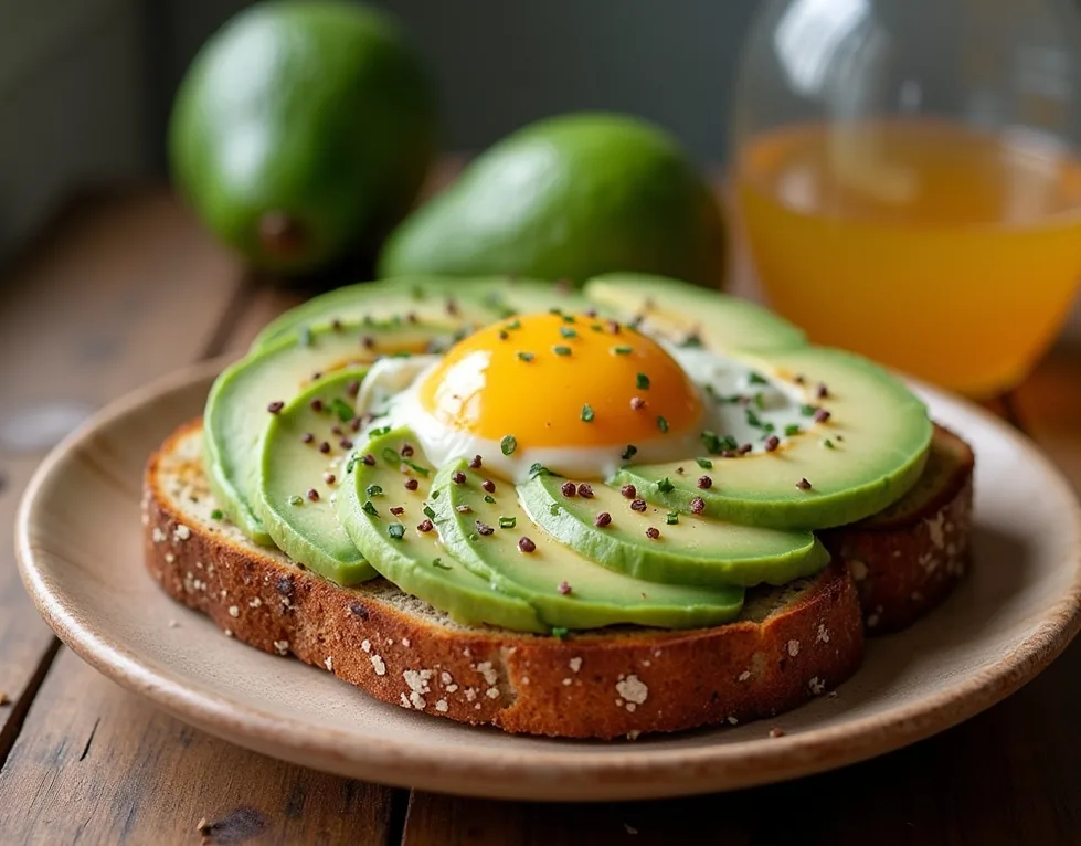 Healthy breakfast avocado toast on wooden table