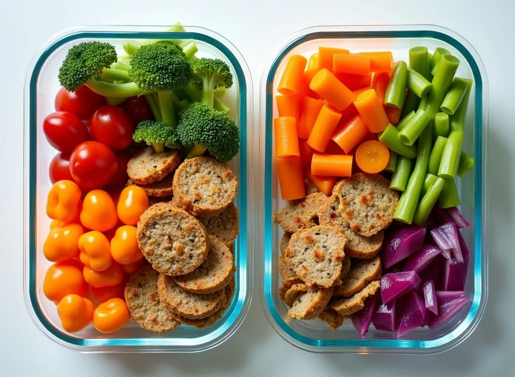 Healthy meal prep containers with colorful vegetables and proteins