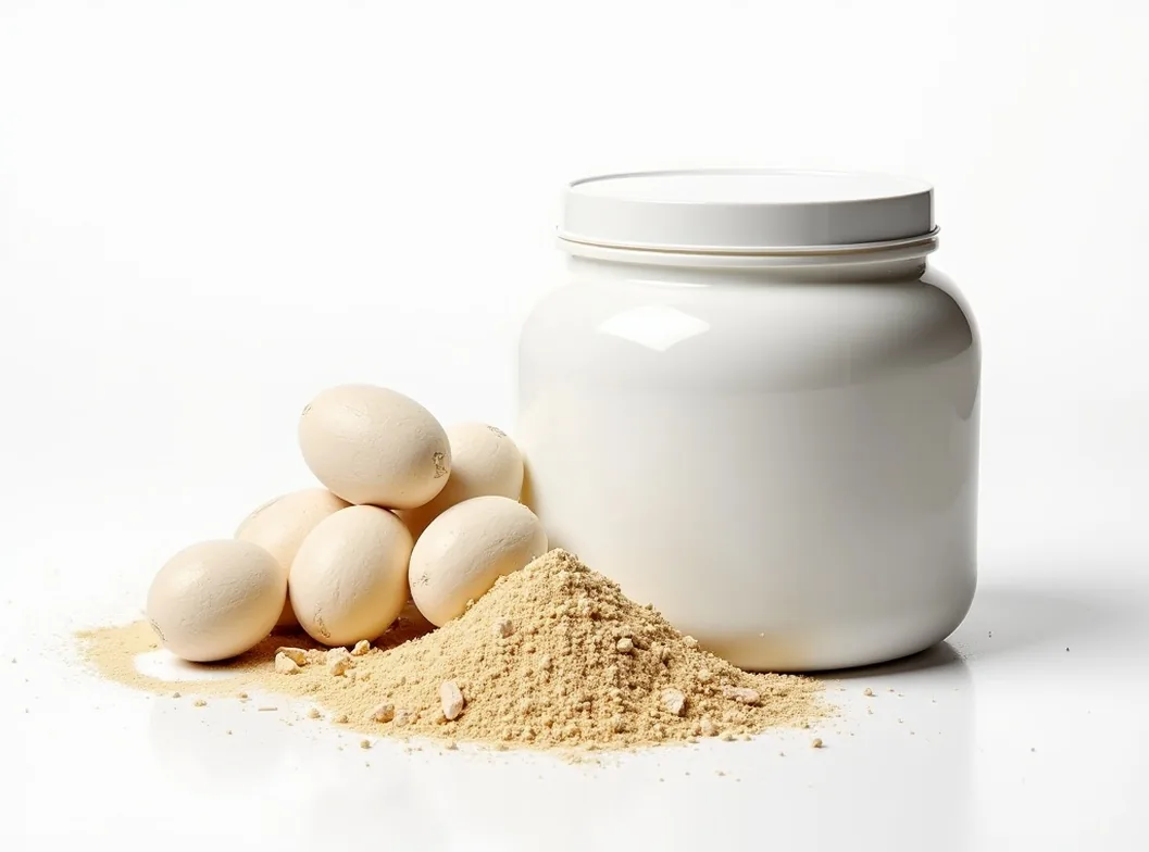 Sports nutrition supplements and protein powder on white background