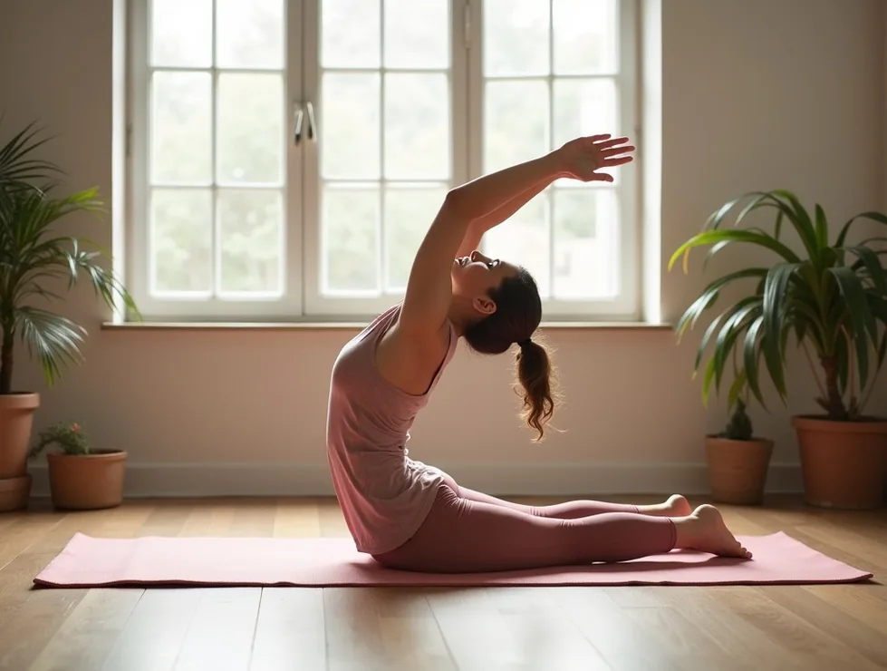 Stretching exercises in yoga studio natural light